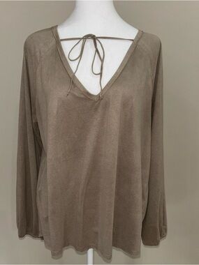 dylan Taupe faux suede V-Neck Tie-Back Blouse